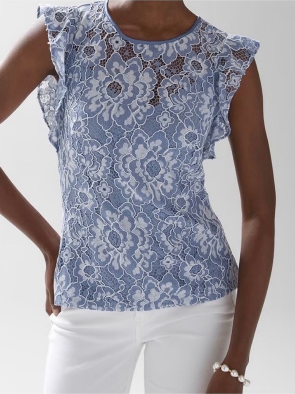 White House Black Market Blue Lace Overlay Cap Sleeve Camisole (B)